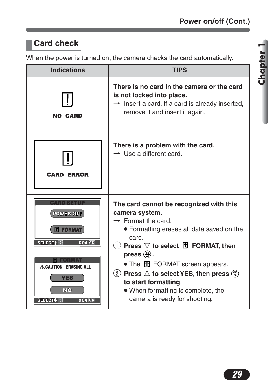 Card check, Chapter 1 | Olympus C-730 Ultra Zoom User Manual | Page 30 / 266