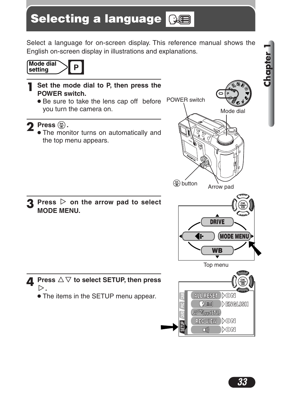 Selecting a language, Selecting a language 1, Chapter 1 | Olympus C-730 Ultra Zoom User Manual | Page 34 / 266