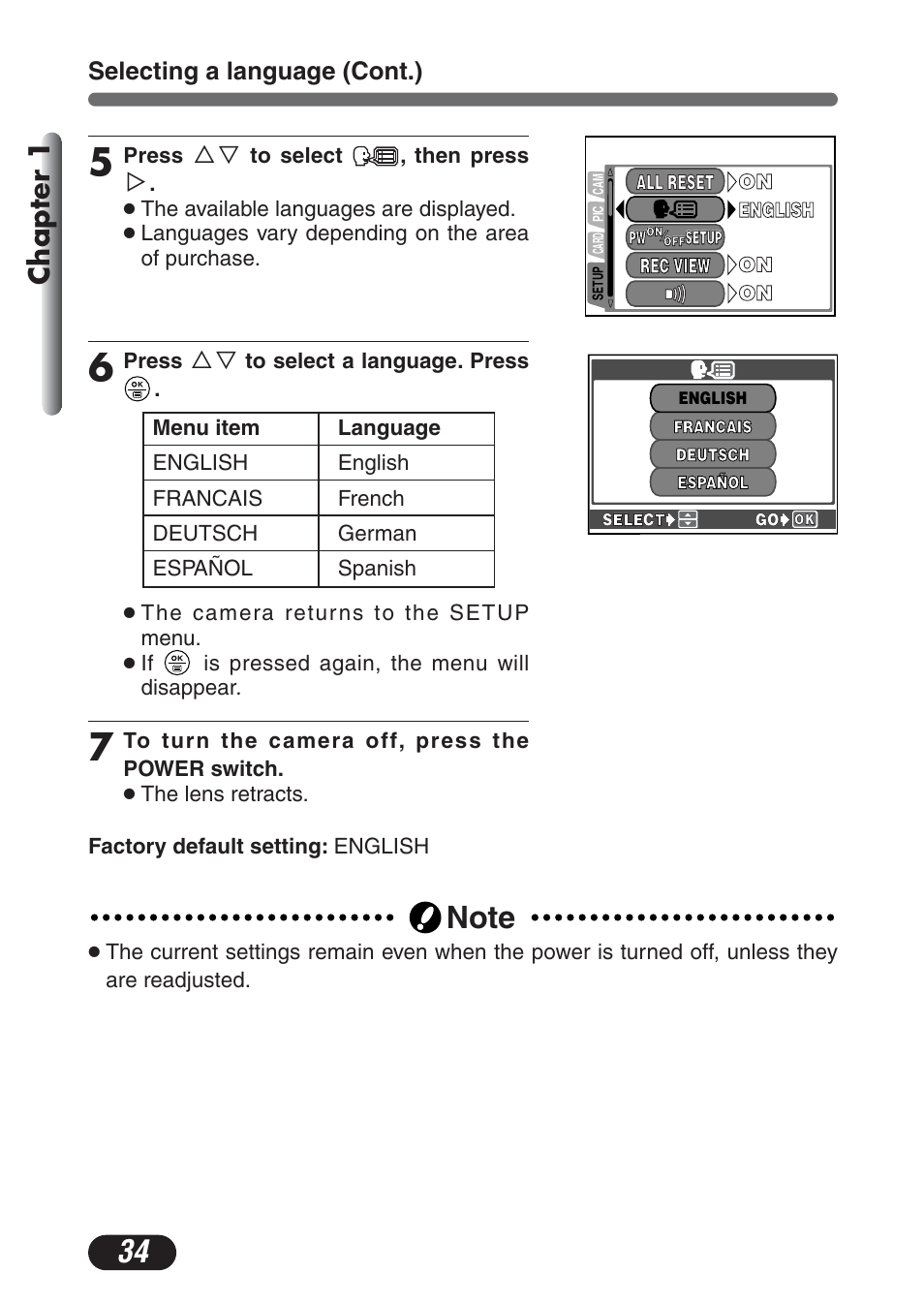 Chapter 1, Selecting a language (cont.) | Olympus C-730 Ultra Zoom User Manual | Page 35 / 266