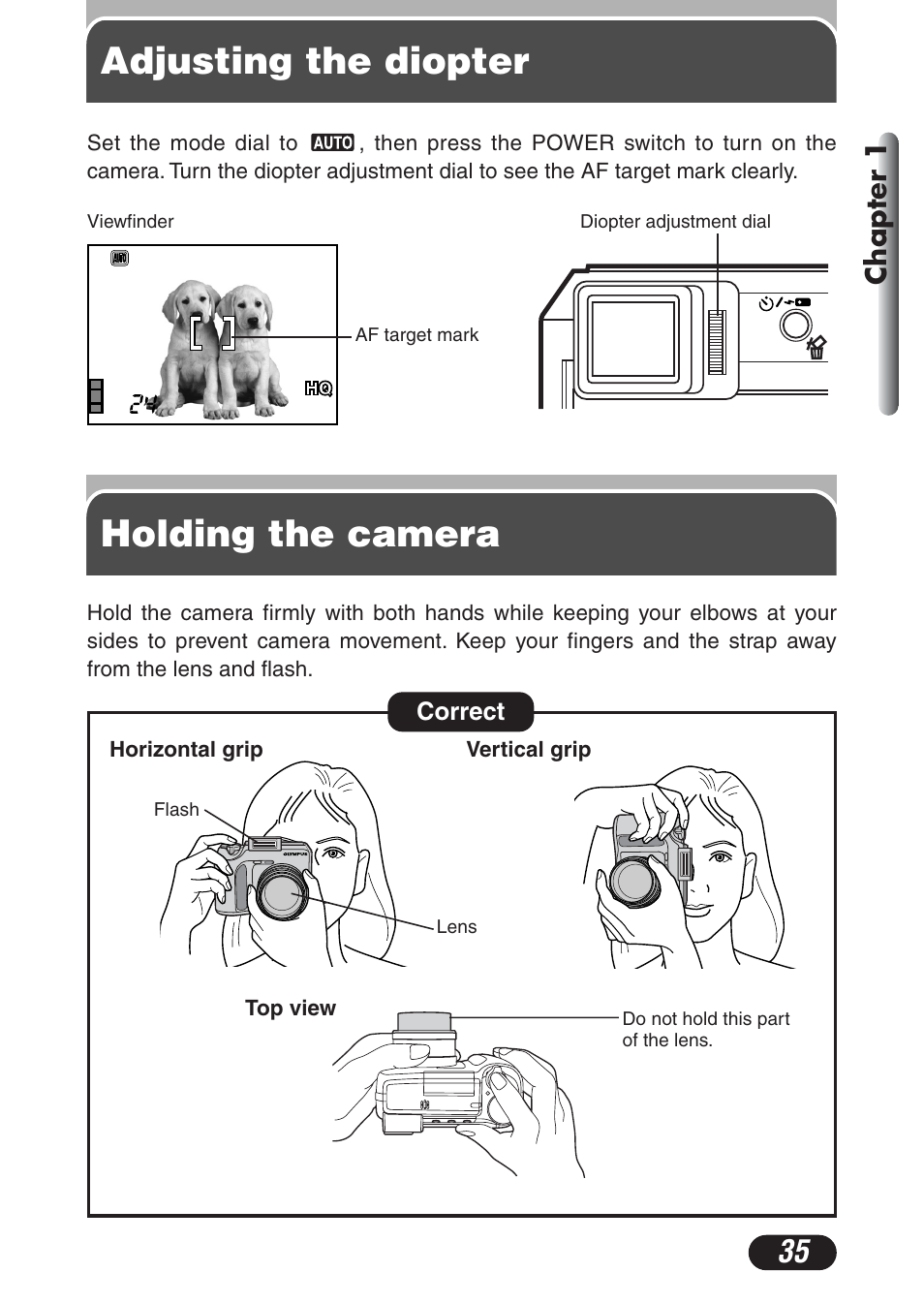 Adjusting the diopter, Holding the camera, Adjusting the diopter holding the camera | Chapter 1 | Olympus C-730 Ultra Zoom User Manual | Page 36 / 266