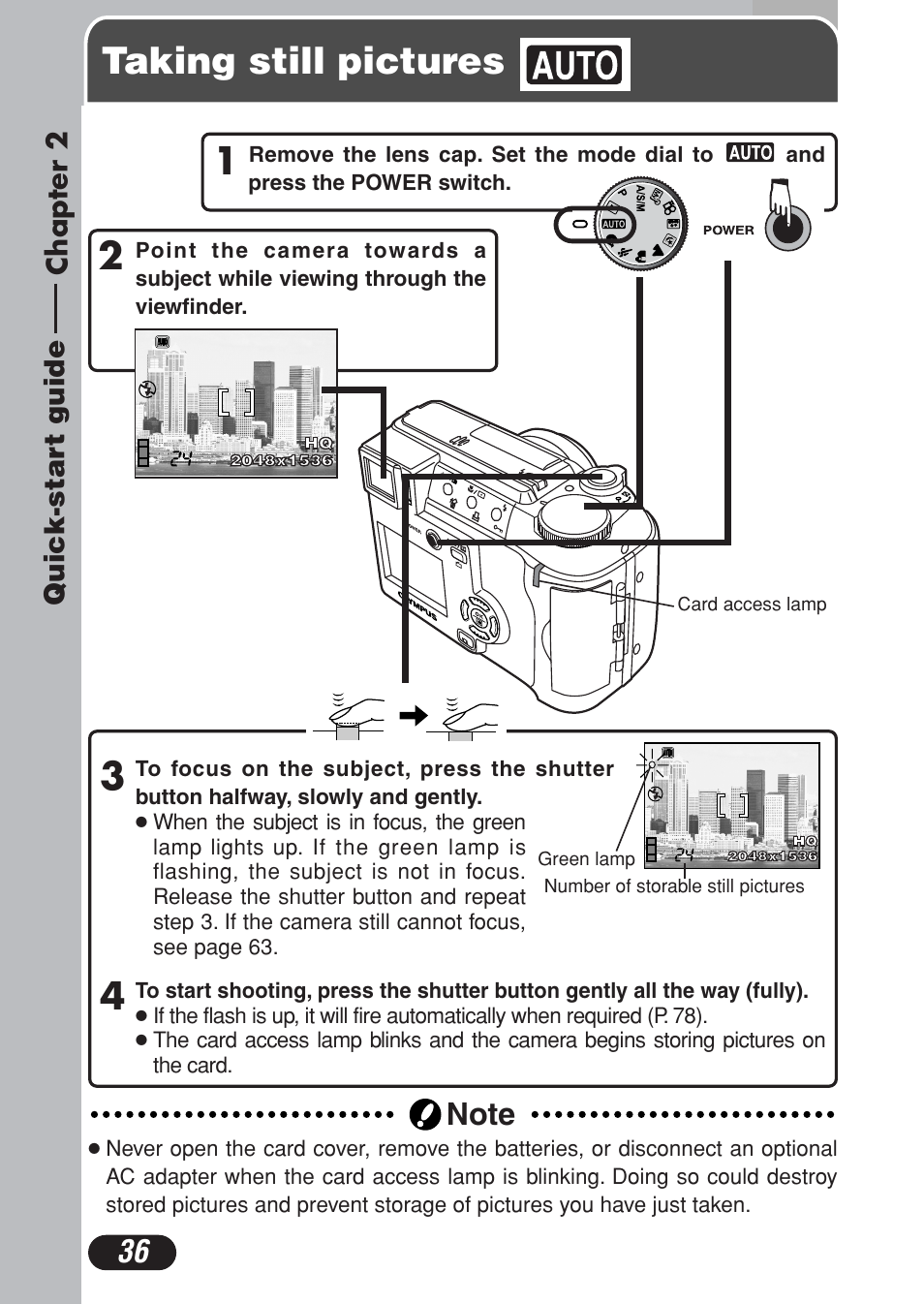 Chapter 2 quick- start guide, Taking still pictures, Chapter 2 | Quick-start guide, P. 36 | Olympus C-730 Ultra Zoom User Manual | Page 37 / 266