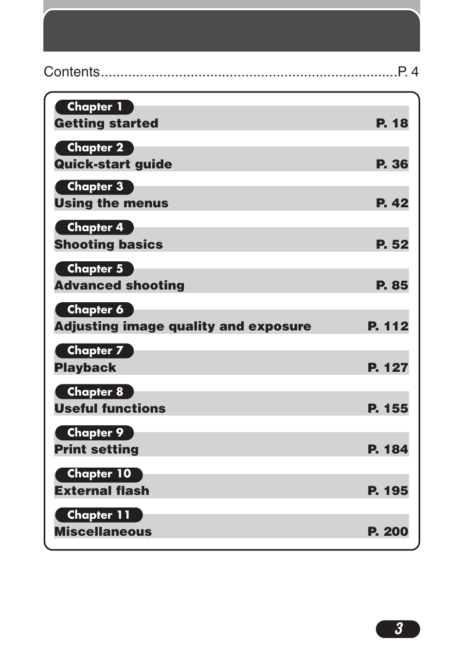 Chapters | Olympus C-730 Ultra Zoom User Manual | Page 4 / 266