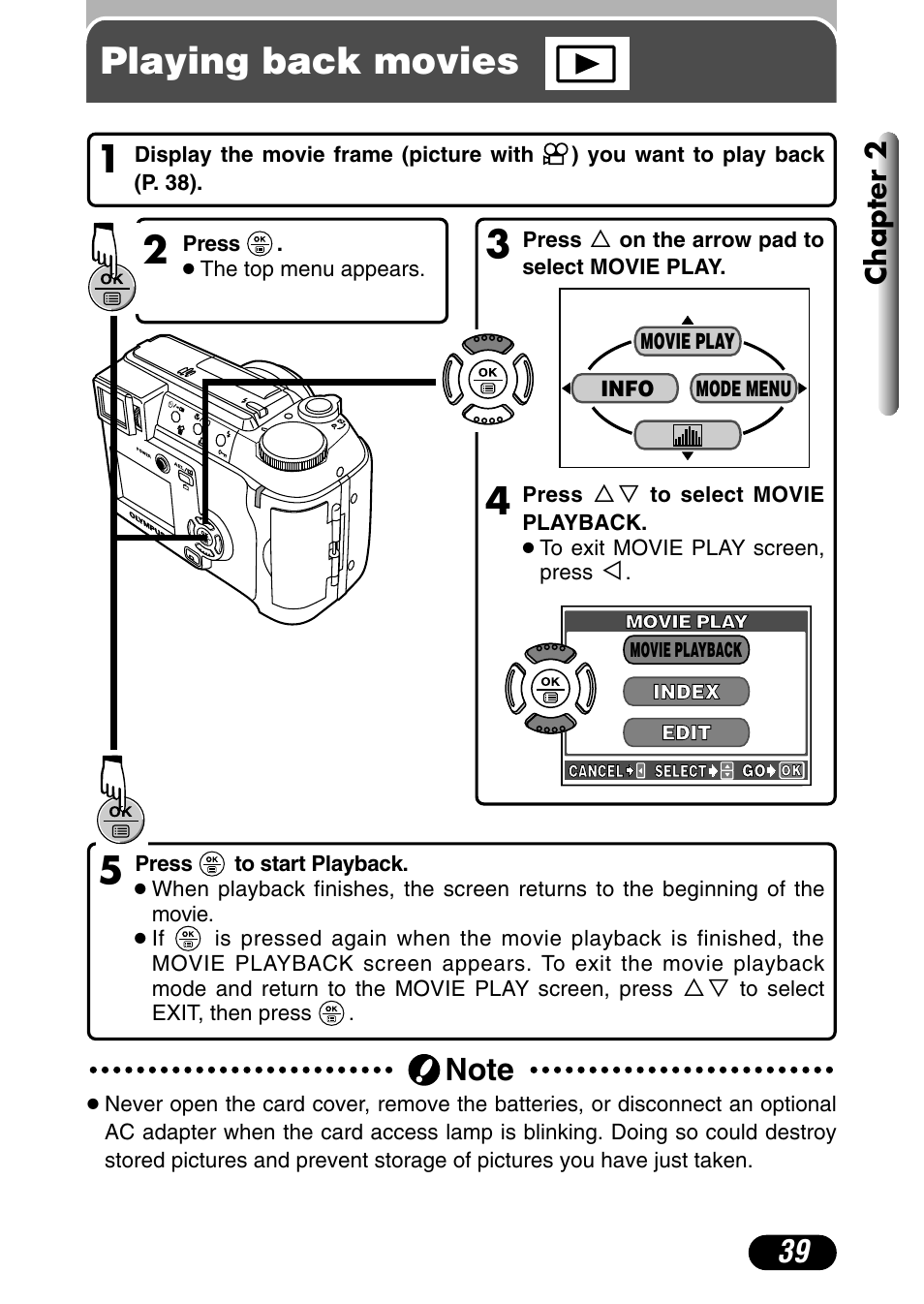 Playing back movies, Chapter 2 | Olympus C-730 Ultra Zoom User Manual | Page 40 / 266