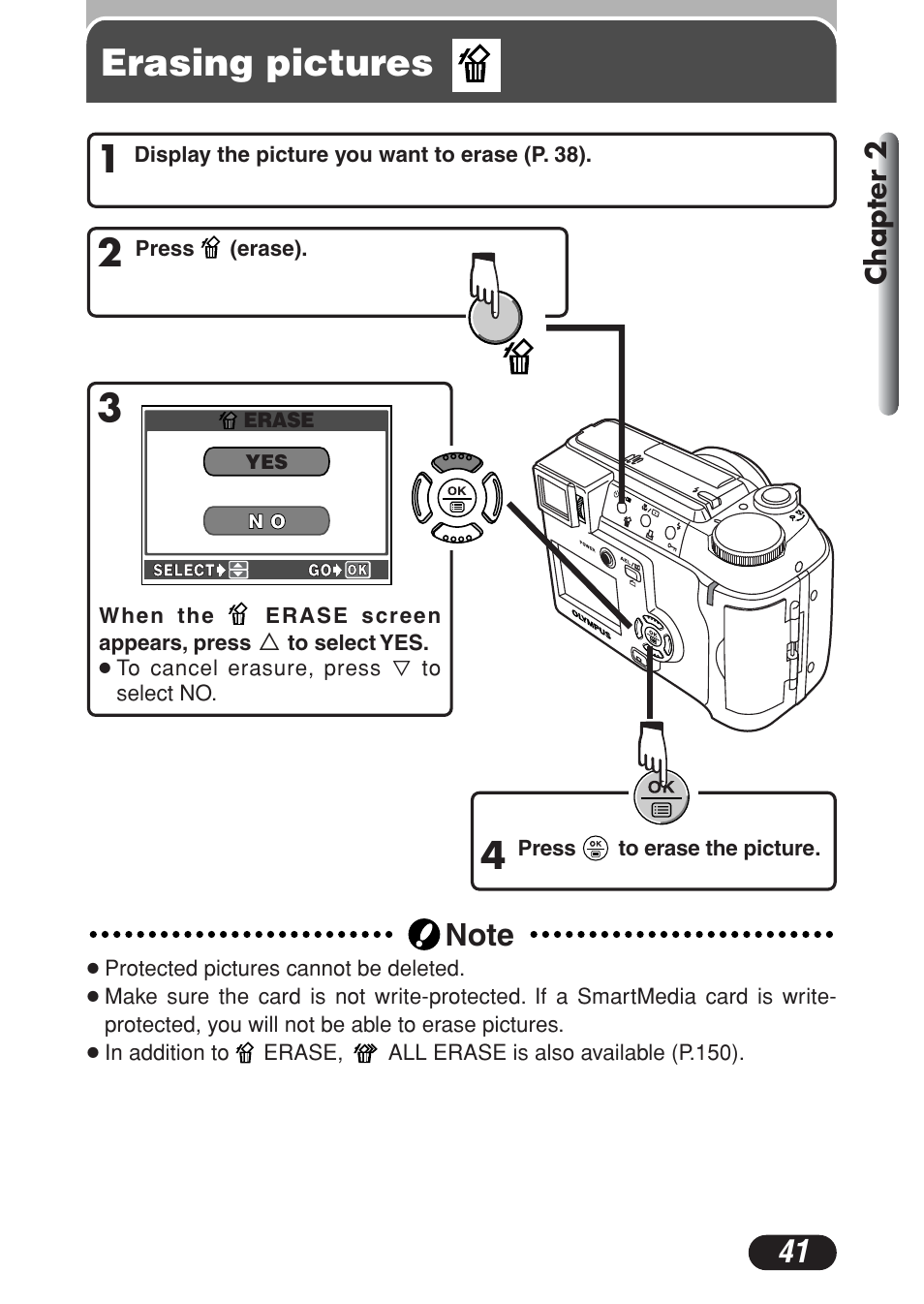 Erasing pictures, 3erasing pictures | Olympus C-730 Ultra Zoom User Manual | Page 42 / 266