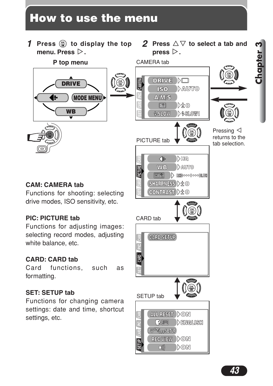 How to use the menu, Chapter 3 | Olympus C-730 Ultra Zoom User Manual | Page 44 / 266