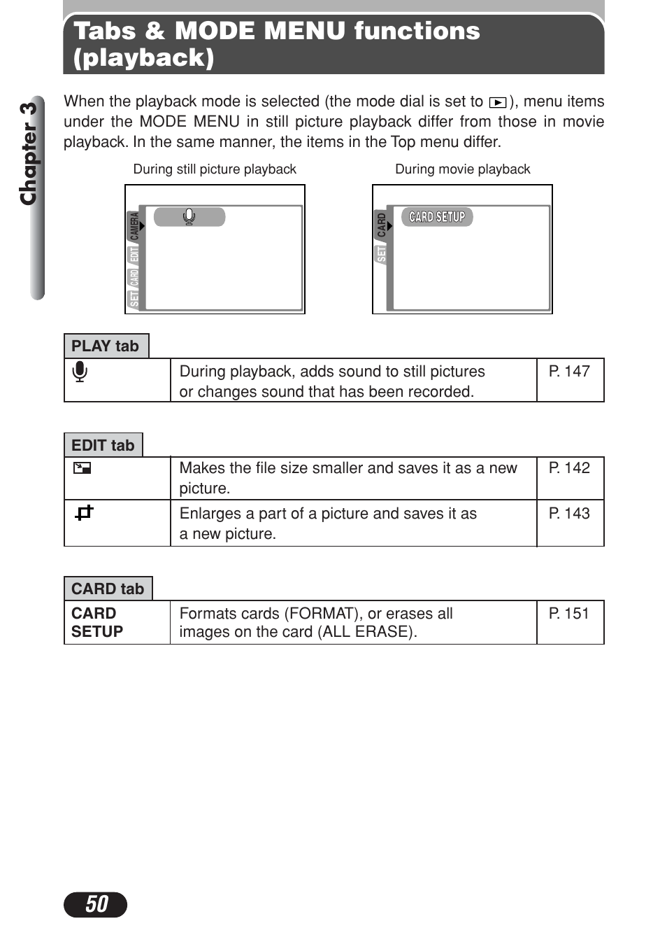 Tabs & mode menu functions (playback), Chapter 3 | Olympus C-730 Ultra Zoom User Manual | Page 51 / 266