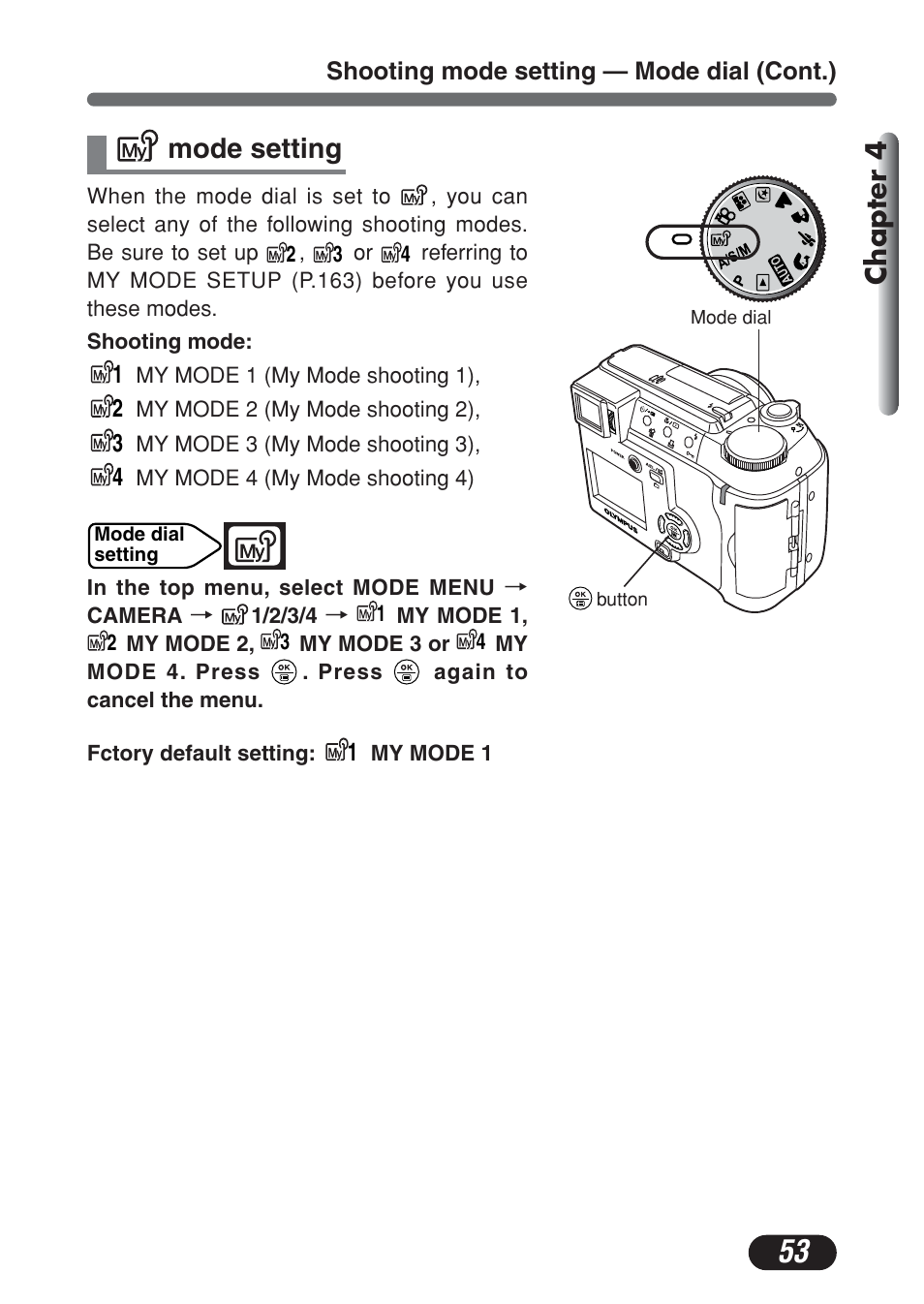 Mode setting, Chapter 4 | Olympus C-730 Ultra Zoom User Manual | Page 54 / 266