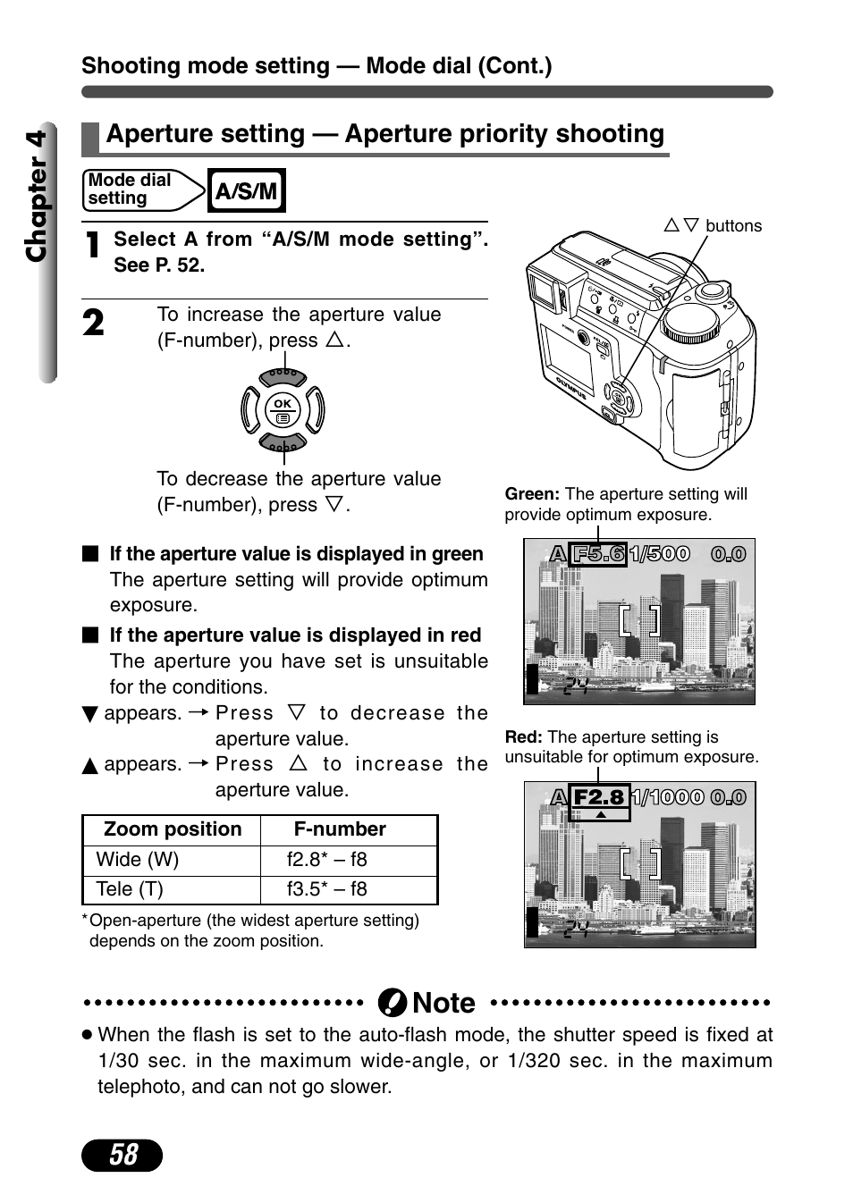 Aperture setting — aperture priority shooting, Chapter 4 | Olympus C-730 Ultra Zoom User Manual | Page 59 / 266