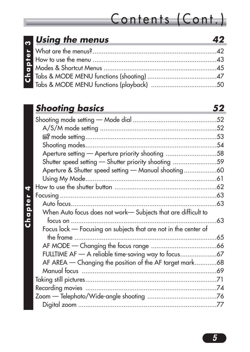 5using the menus 42, Shooting basics 52 | Olympus C-730 Ultra Zoom User Manual | Page 6 / 266