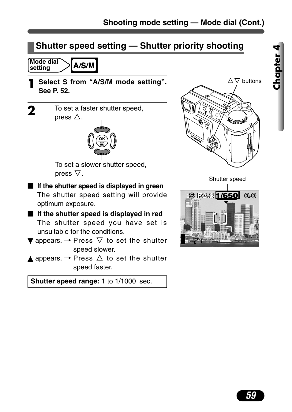 Shutter speed setting — shutter priority shooting, Chapter 4 | Olympus C-730 Ultra Zoom User Manual | Page 60 / 266