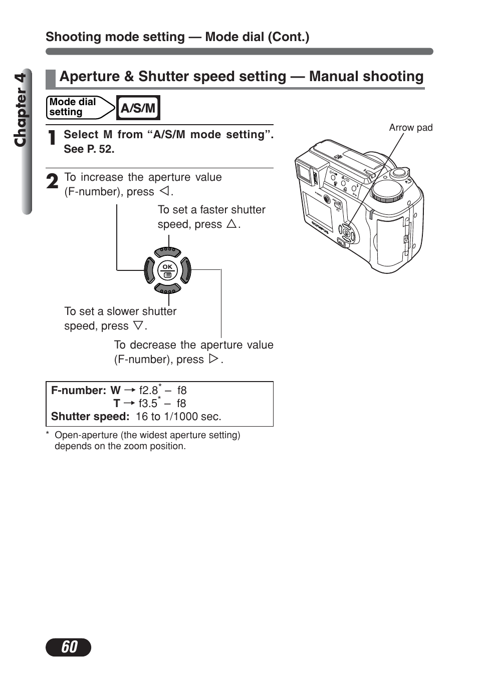 Aperture & shutter speed setting — manual shooting, Chapter 4 | Olympus C-730 Ultra Zoom User Manual | Page 61 / 266