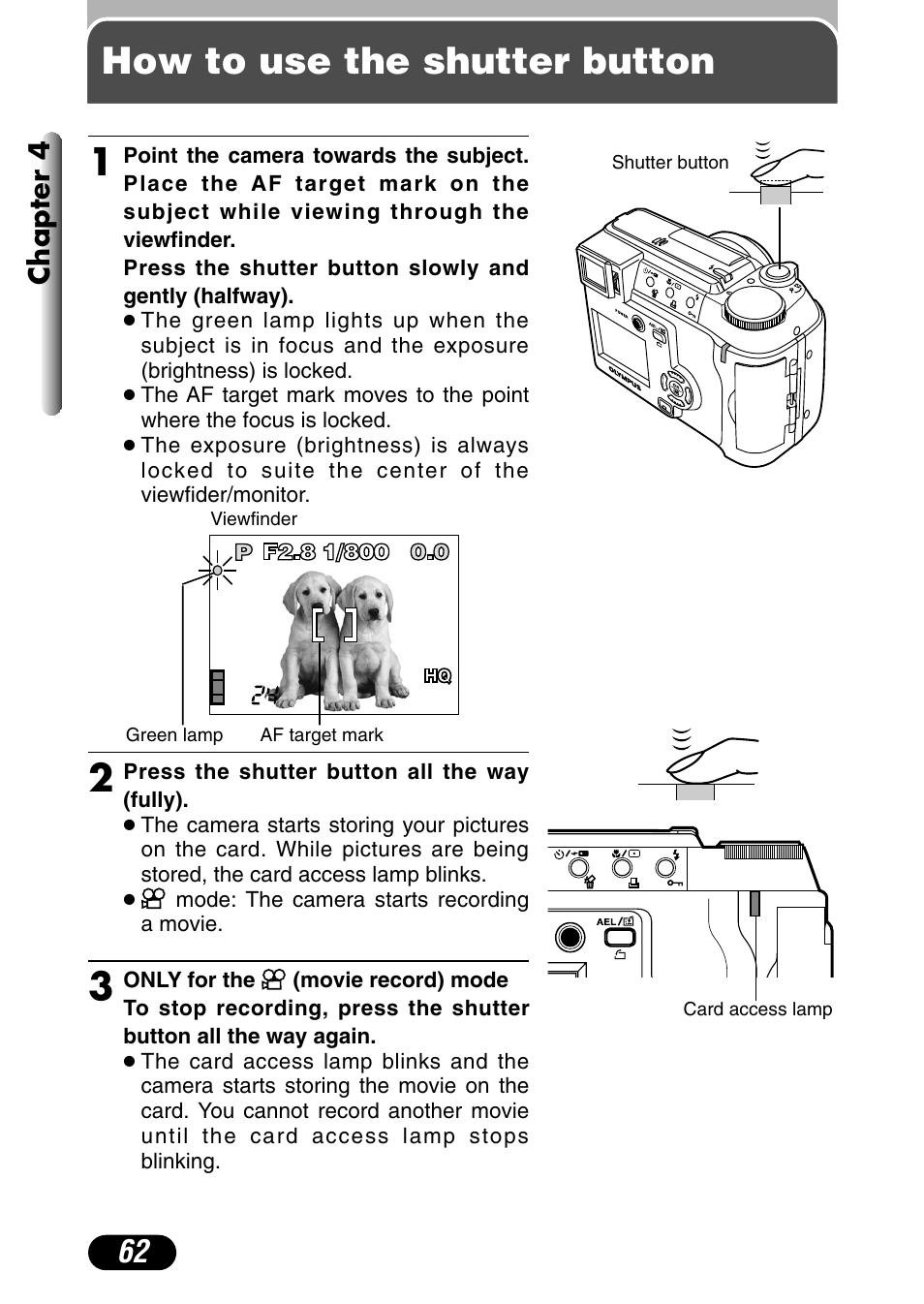 How to use the shutter button, Chapter 4 | Olympus C-730 Ultra Zoom User Manual | Page 63 / 266