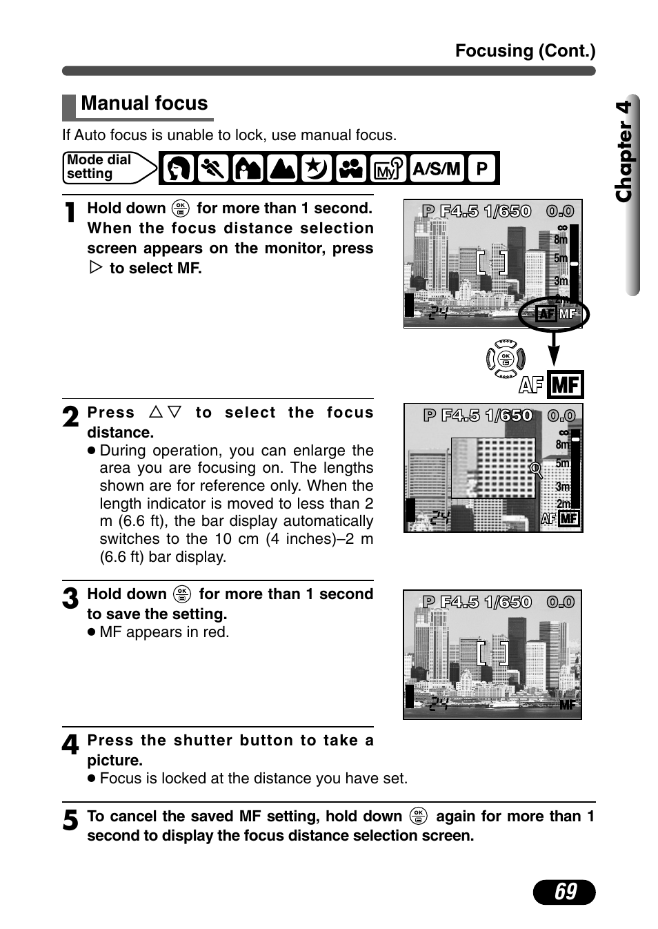 Manual focus, Chapter 4 | Olympus C-730 Ultra Zoom User Manual | Page 70 / 266