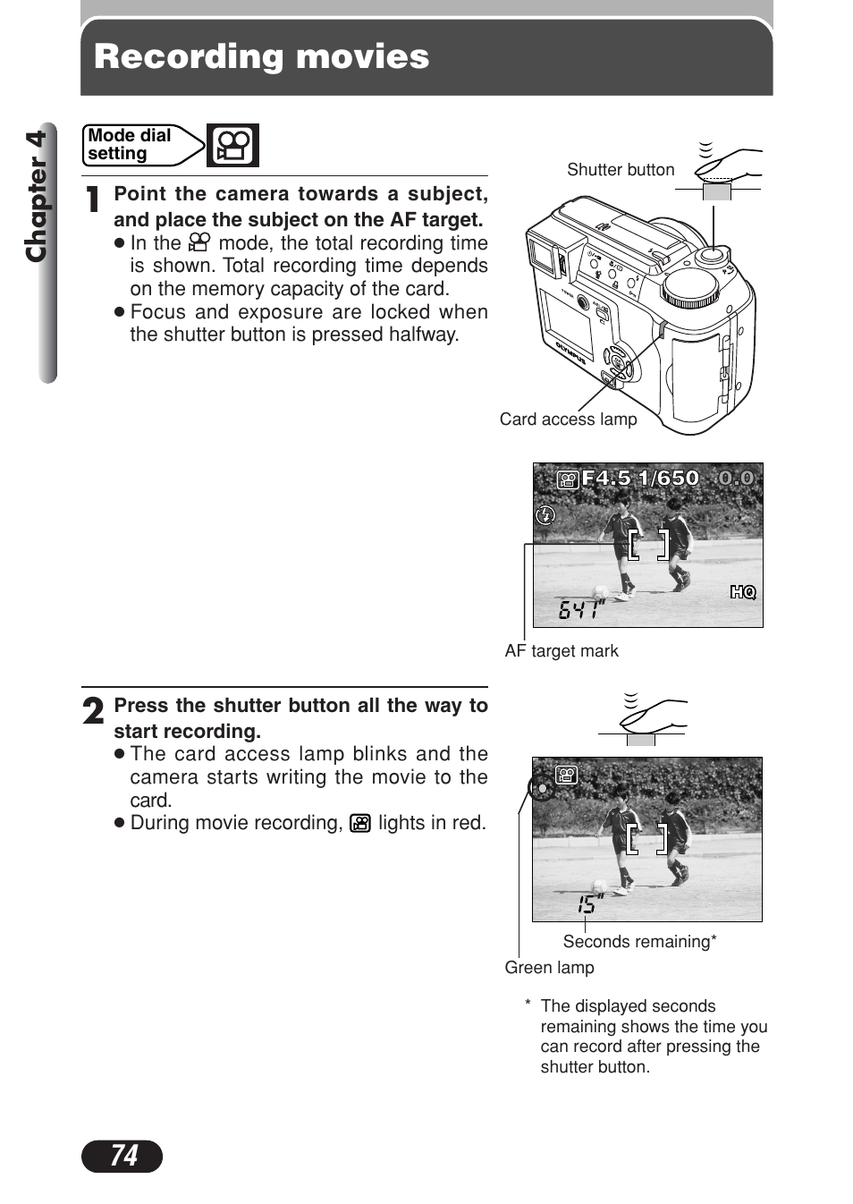 Recording movies, Chapter 4 | Olympus C-730 Ultra Zoom User Manual | Page 75 / 266