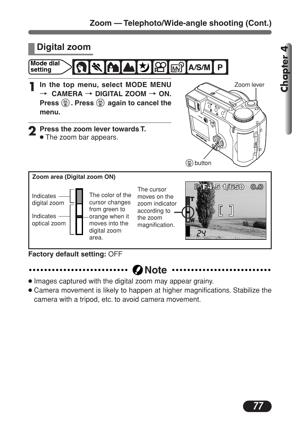 Digital zoom, Chapter 4 | Olympus C-730 Ultra Zoom User Manual | Page 78 / 266