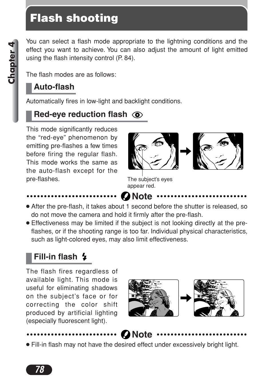 Flash shooting, Auto-flash red-eye reduction flash, Fill-in flash | Olympus C-730 Ultra Zoom User Manual | Page 79 / 266