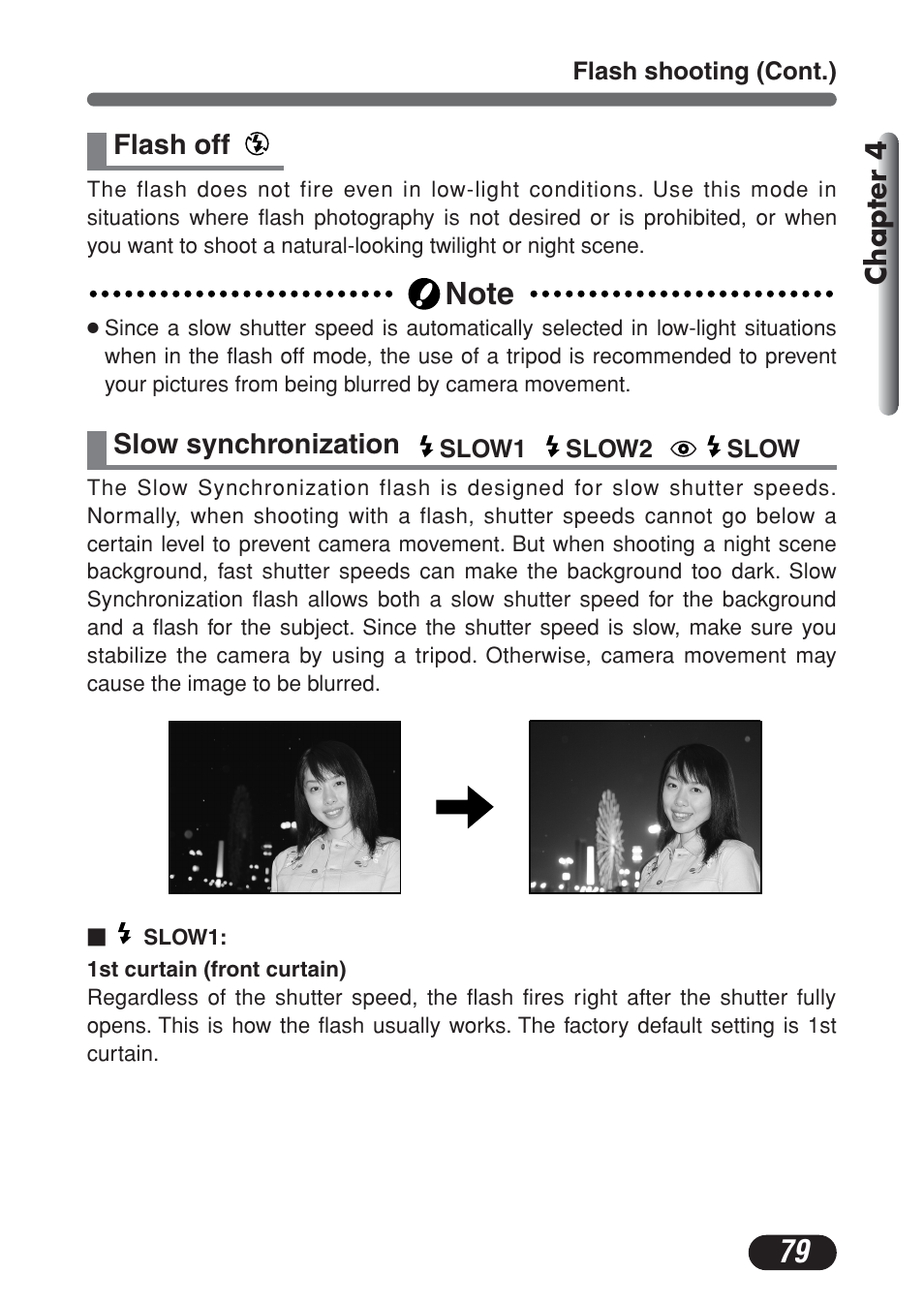 Flash off, Slow synchronization slow1 slow2, Slow | Olympus C-730 Ultra Zoom User Manual | Page 80 / 266