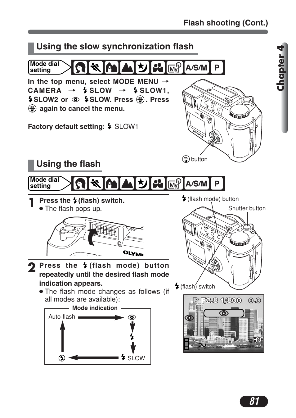 Chapter 4, Using the slow synchronization flash, Using the flash | Olympus C-730 Ultra Zoom User Manual | Page 82 / 266