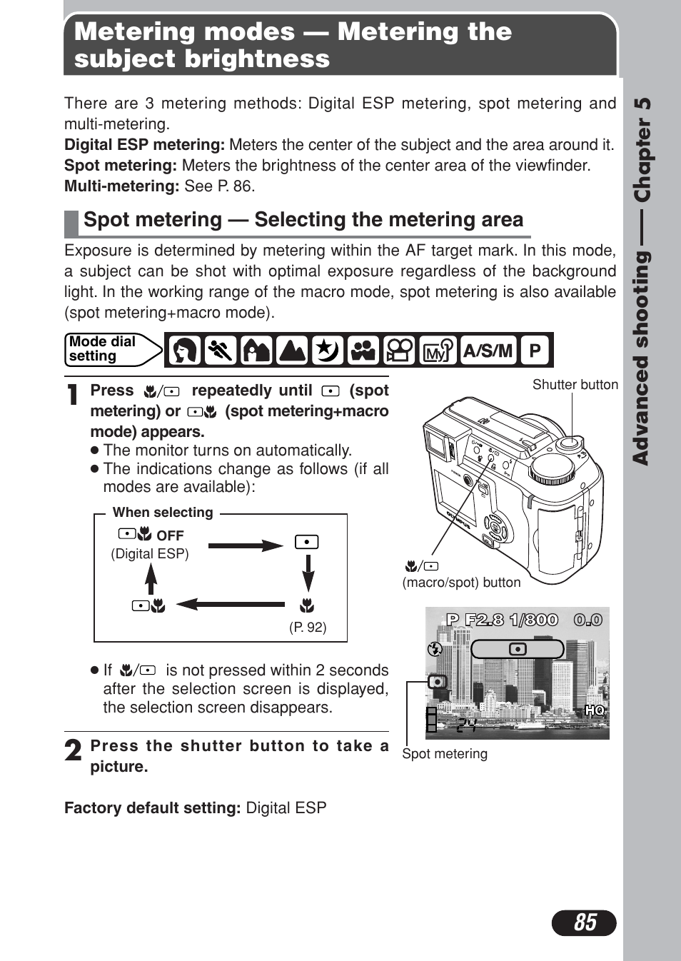 Chapter 5 advanced shooting, Metering modes — metering the subject brightness, Chapter 5 | Advanced shooting, P. 85, Spot metering — selecting the metering area, Chapter 5chapter 5 advanced shooting | Olympus C-730 Ultra Zoom User Manual | Page 86 / 266