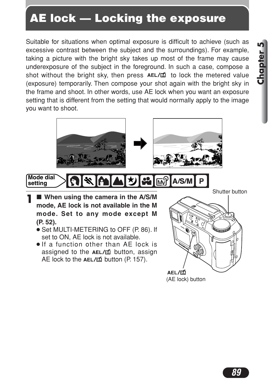 Ae lock — locking the exposure, Chapter 5 | Olympus C-730 Ultra Zoom User Manual | Page 90 / 266