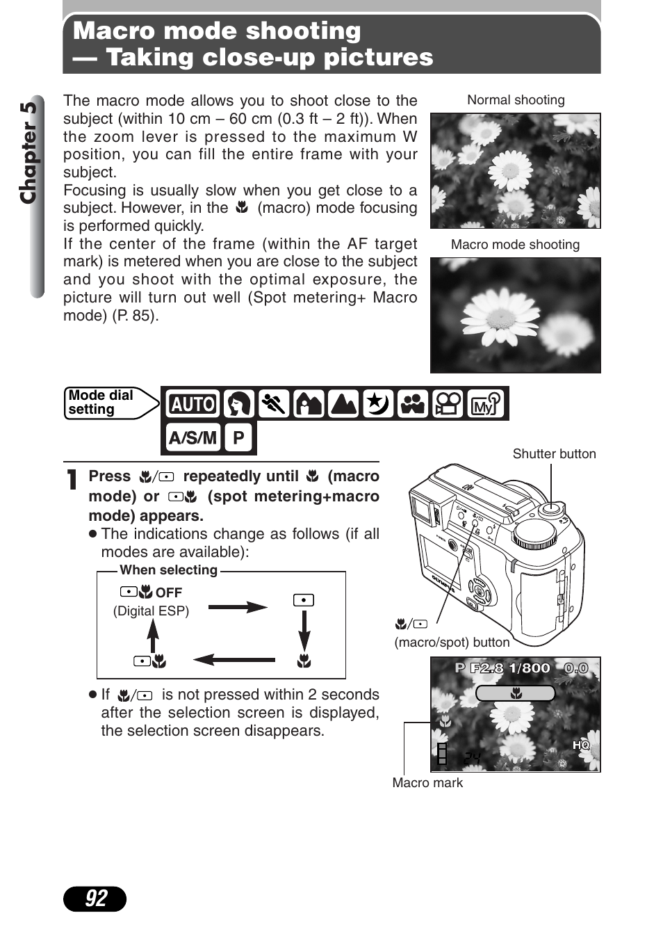 Macro mode shooting — taking close-up pictures, Chapter 5 | Olympus C-730 Ultra Zoom User Manual | Page 93 / 266