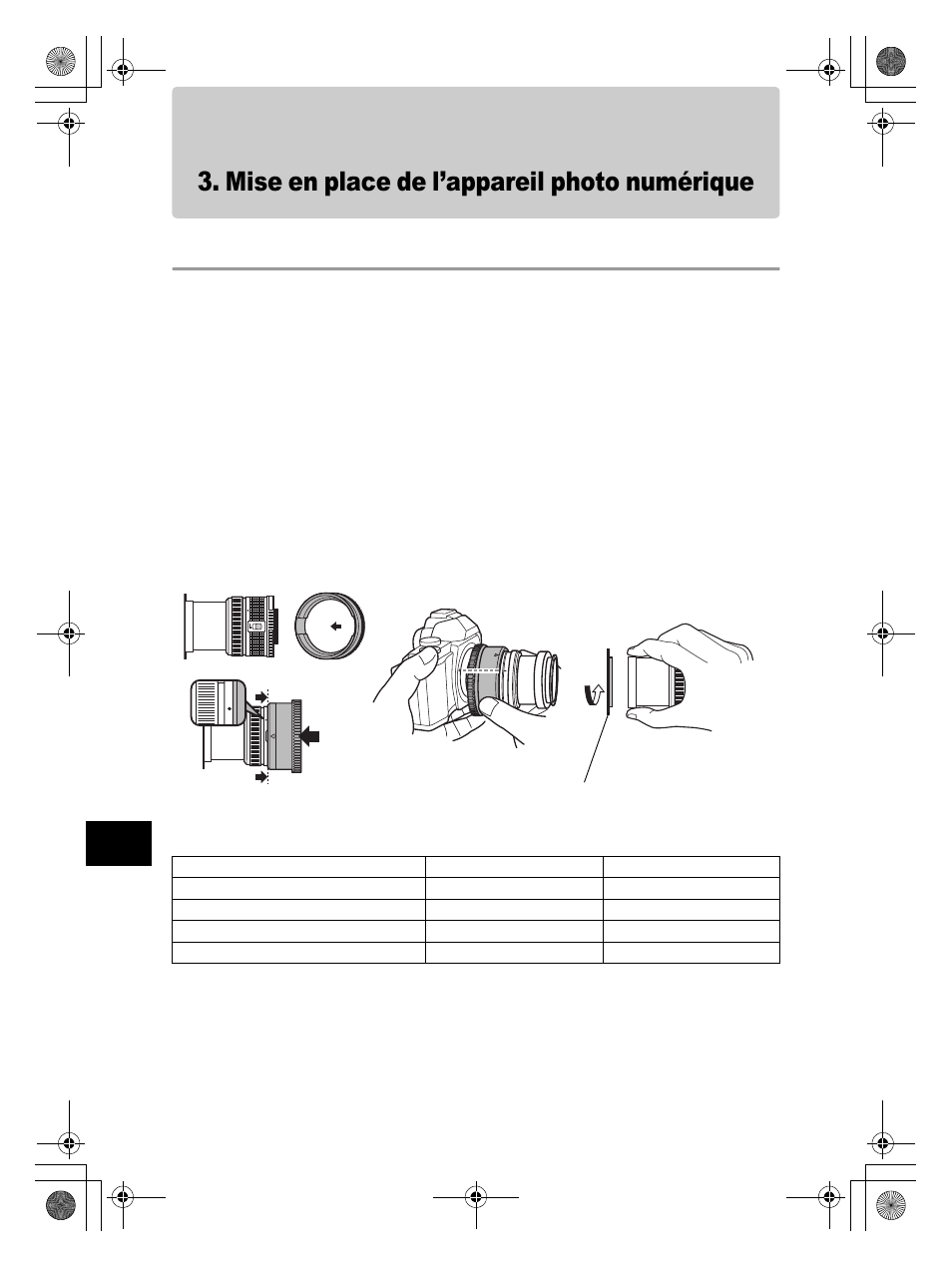 Contrôle de l’appareil photo numérique, Mise en place de l’appareil photo numérique | Olympus PT-EP08 User Manual | Page 60 / 172
