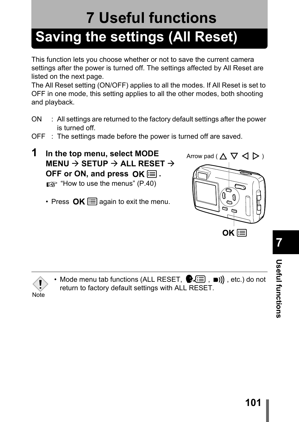7 useful functions, Saving the settings (all reset), Useful functions | P.101 | Olympus Stylus 400 Digital User Manual | Page 102 / 173