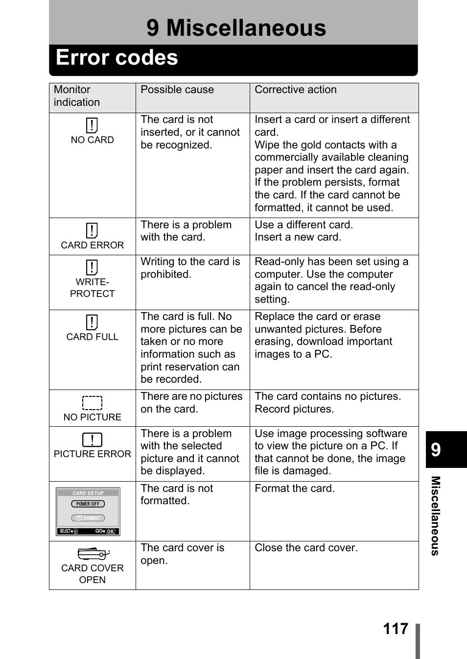 9 miscellaneous, Error codes, Miscellaneous | P.117 | Olympus Stylus 400 Digital User Manual | Page 118 / 173