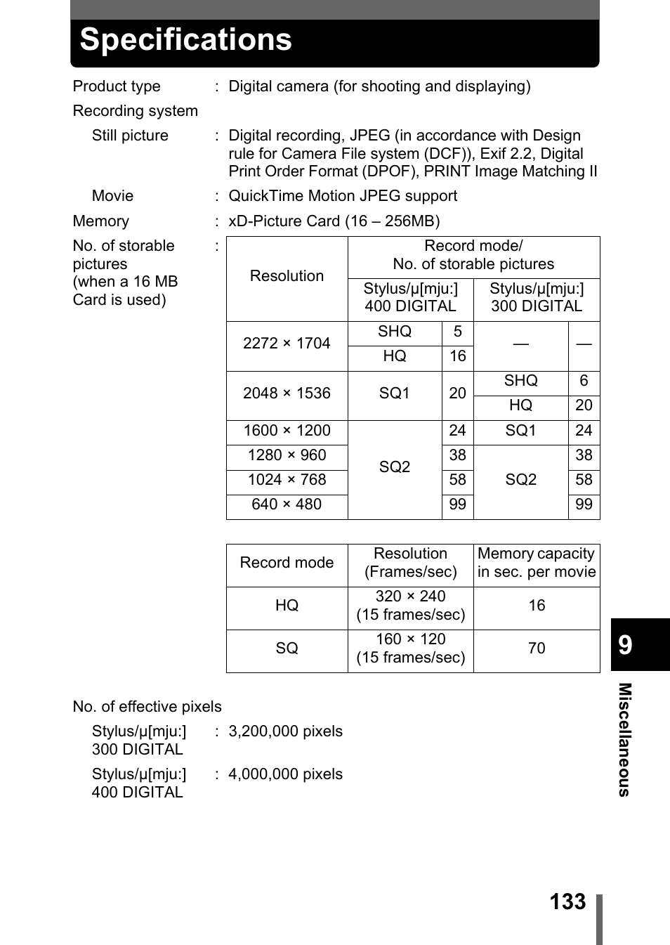 Specifications, P.133 | Olympus Stylus 400 Digital User Manual | Page 134 / 173