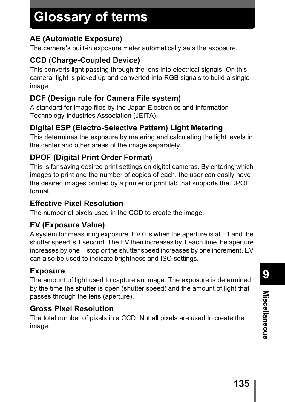 Glossary of terms, P.135 | Olympus Stylus 400 Digital User Manual | Page 136 / 173