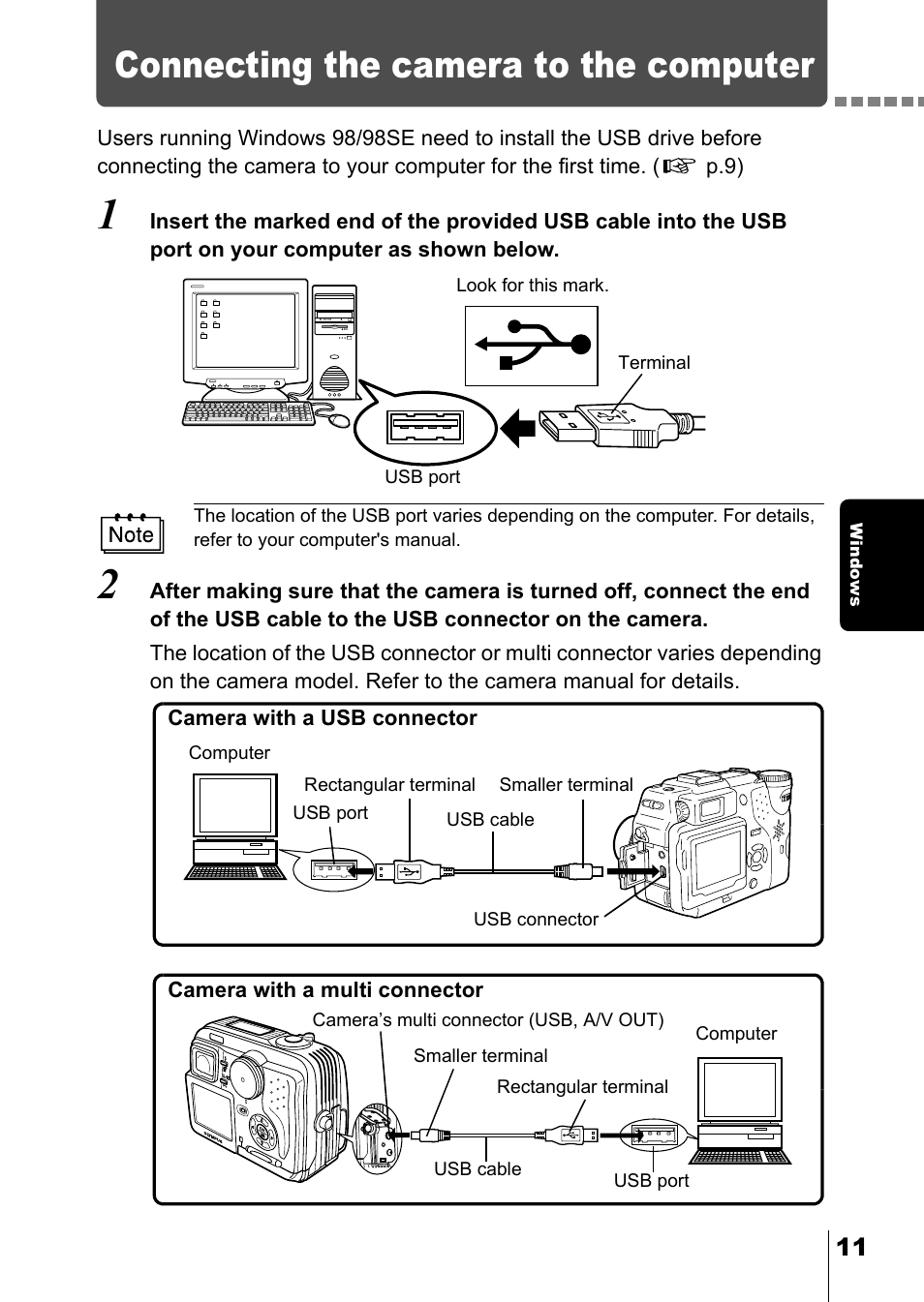 Connecting the camera to the computer, Ndows p.11, P.11 | Olympus Stylus 400 Digital User Manual | Page 152 / 173