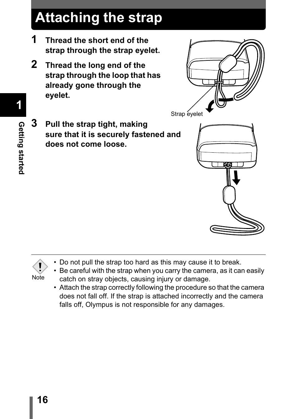 Attaching the strap, P.16 | Olympus Stylus 400 Digital User Manual | Page 17 / 173