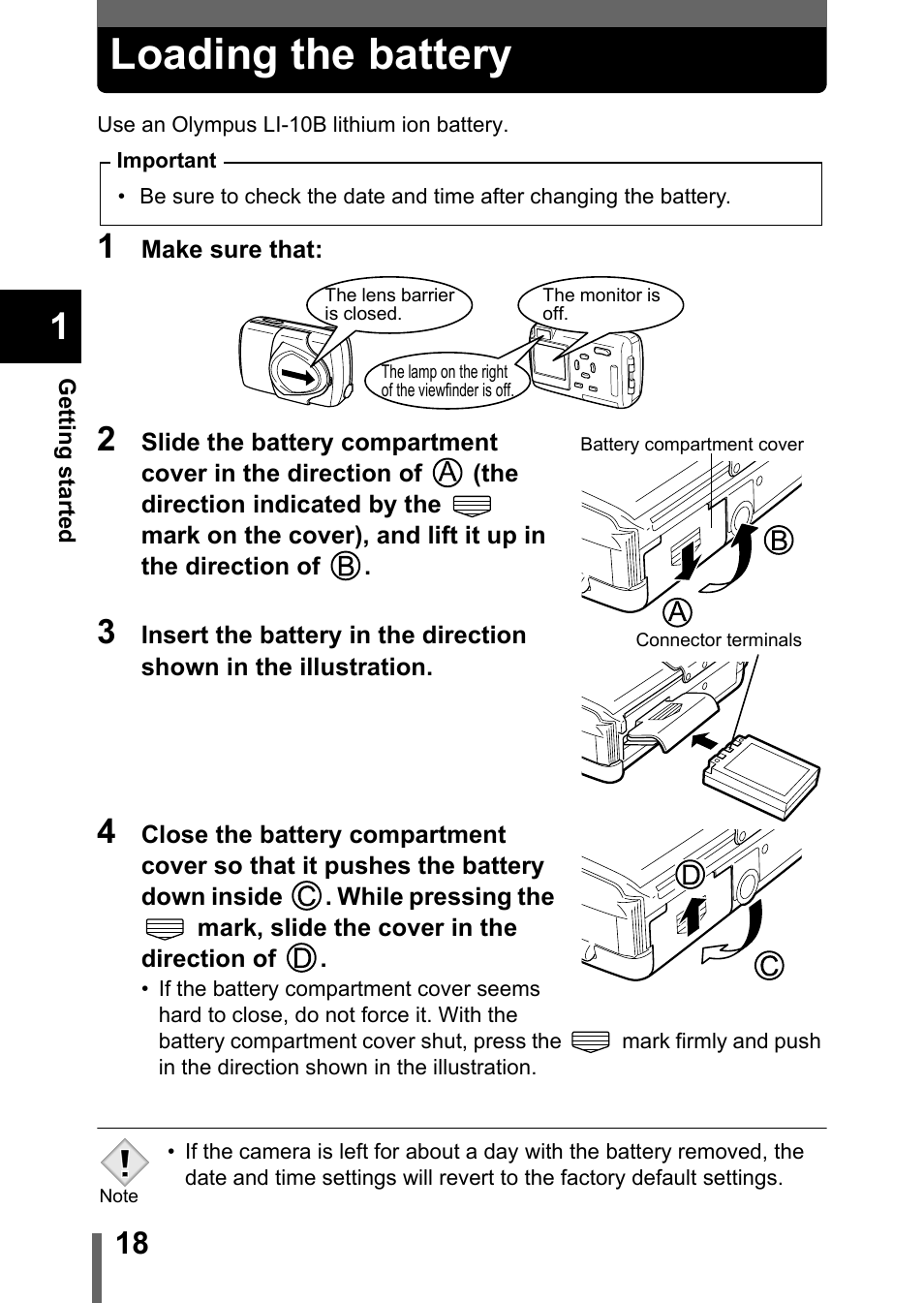 Loading the battery, P.18 | Olympus Stylus 400 Digital User Manual | Page 19 / 173