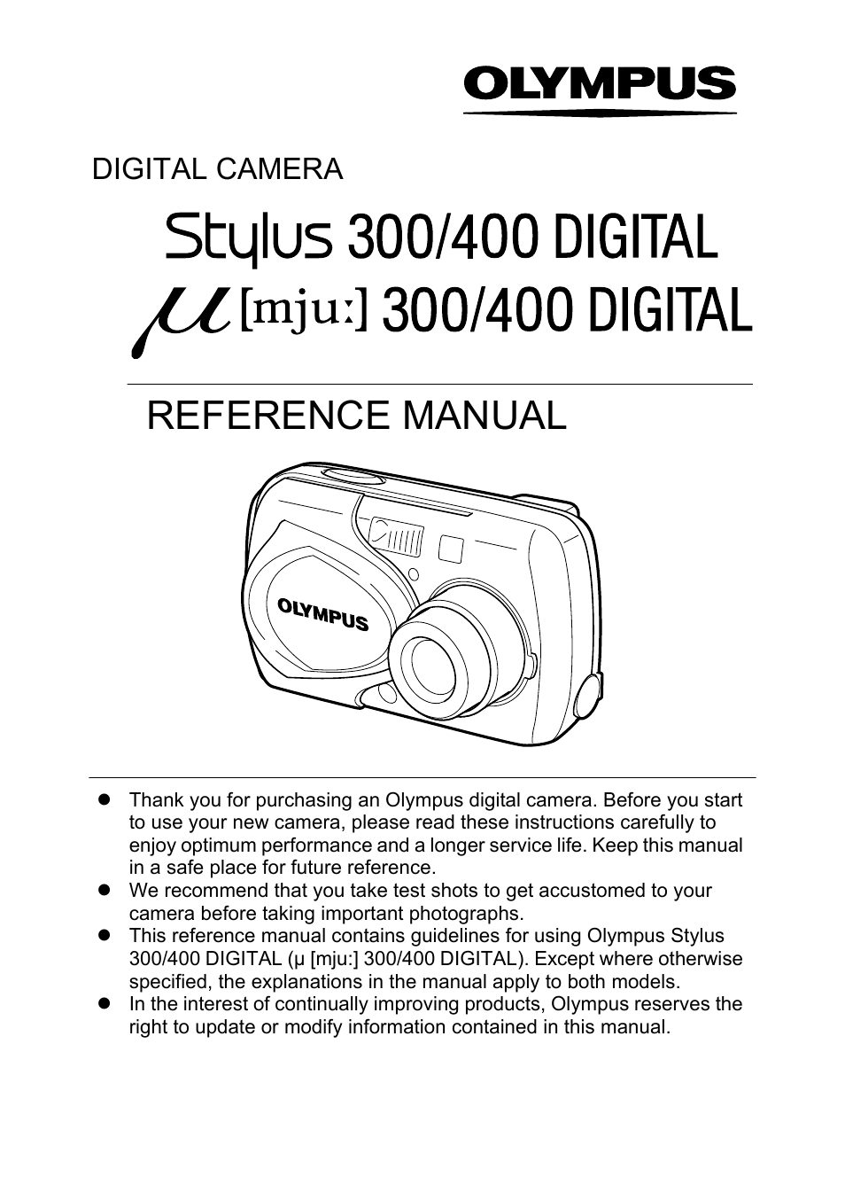 Camera operation manual, Reference manual, Digital camera | Olympus Stylus 400 Digital User Manual | Page 2 / 173