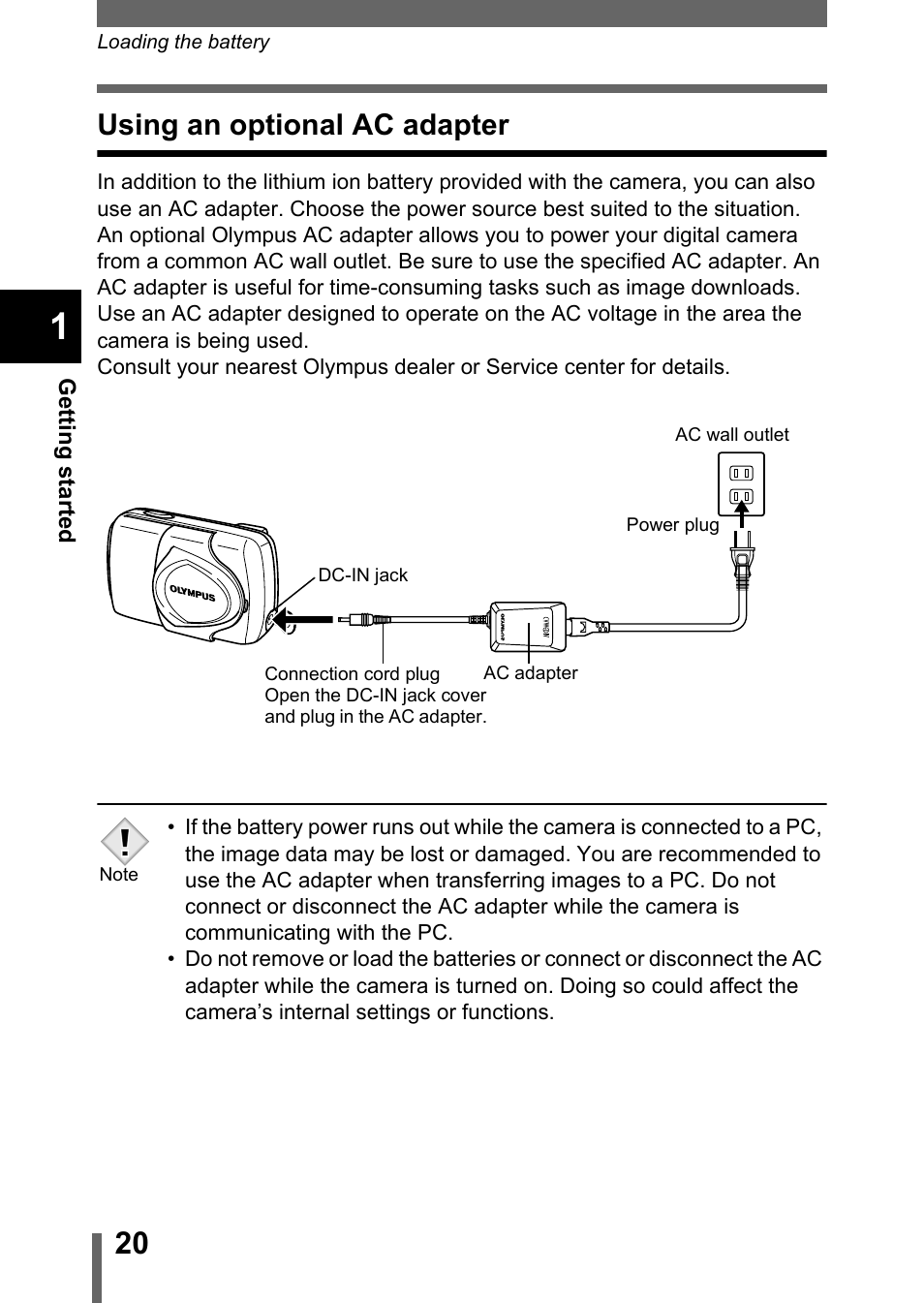 Using an optional ac adapter, P.20 | Olympus Stylus 400 Digital User Manual | Page 21 / 173