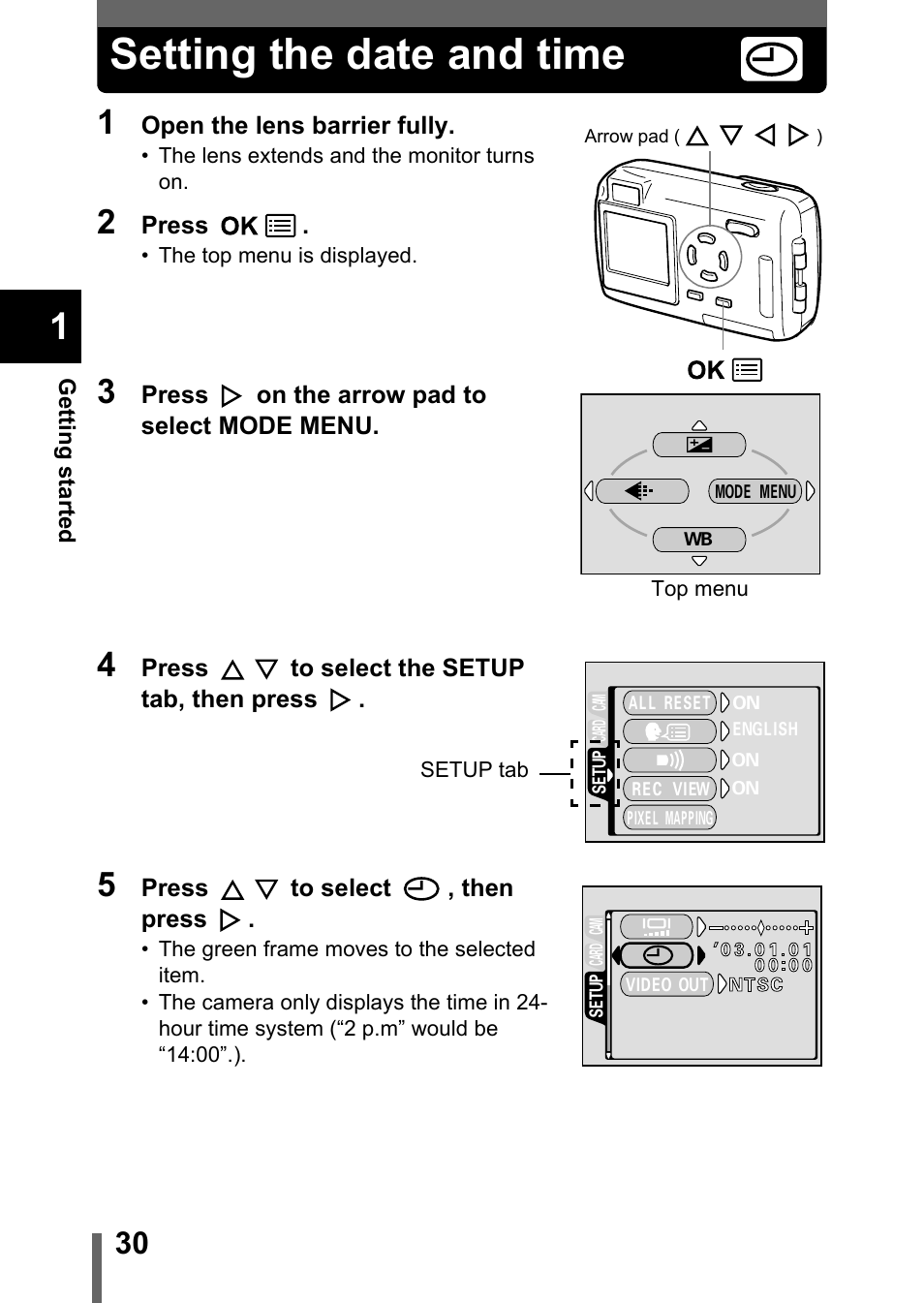 Setting the date and time, P.30 | Olympus Stylus 400 Digital User Manual | Page 31 / 173