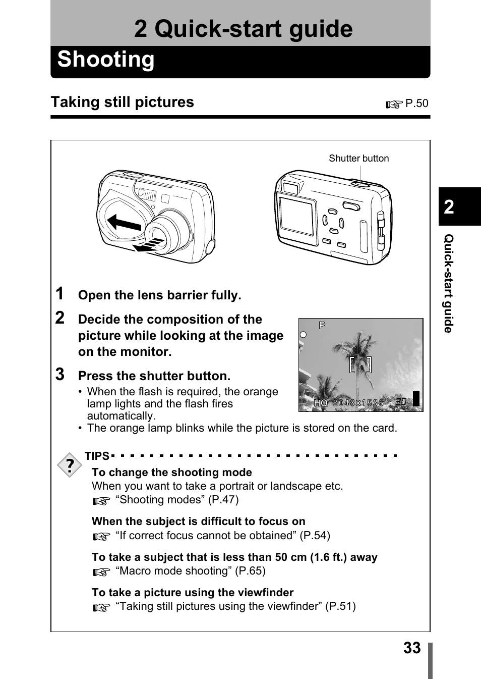 2 quick-start guide, Shooting, Taking still pictures | Quick-start guide, P.33 | Olympus Stylus 400 Digital User Manual | Page 34 / 173