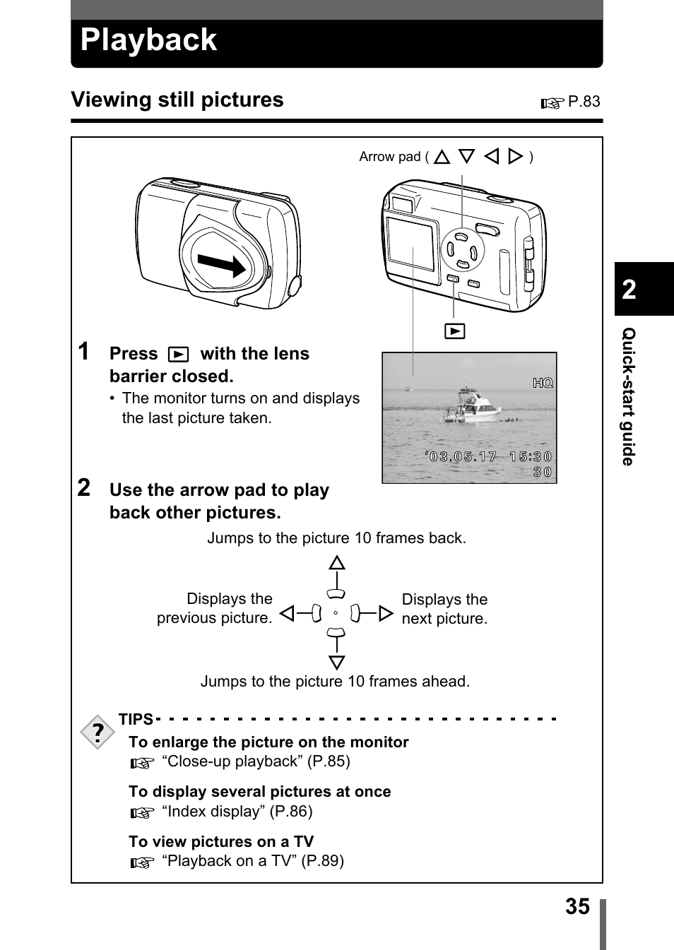 Playback, Viewing still pictures, P.35 | Olympus Stylus 400 Digital User Manual | Page 36 / 173