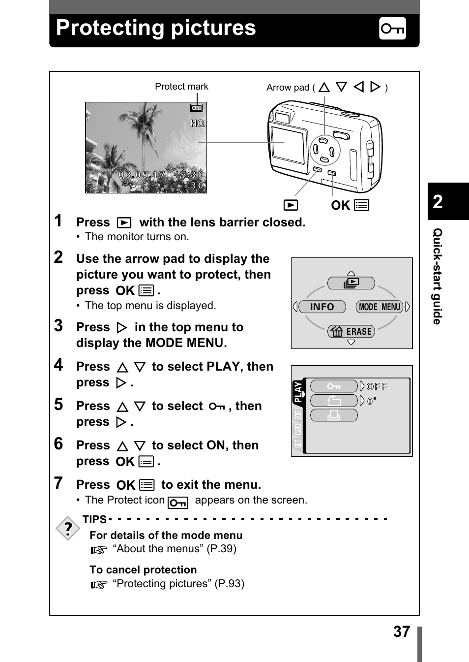 Protecting pictures | Olympus Stylus 400 Digital User Manual | Page 38 / 173