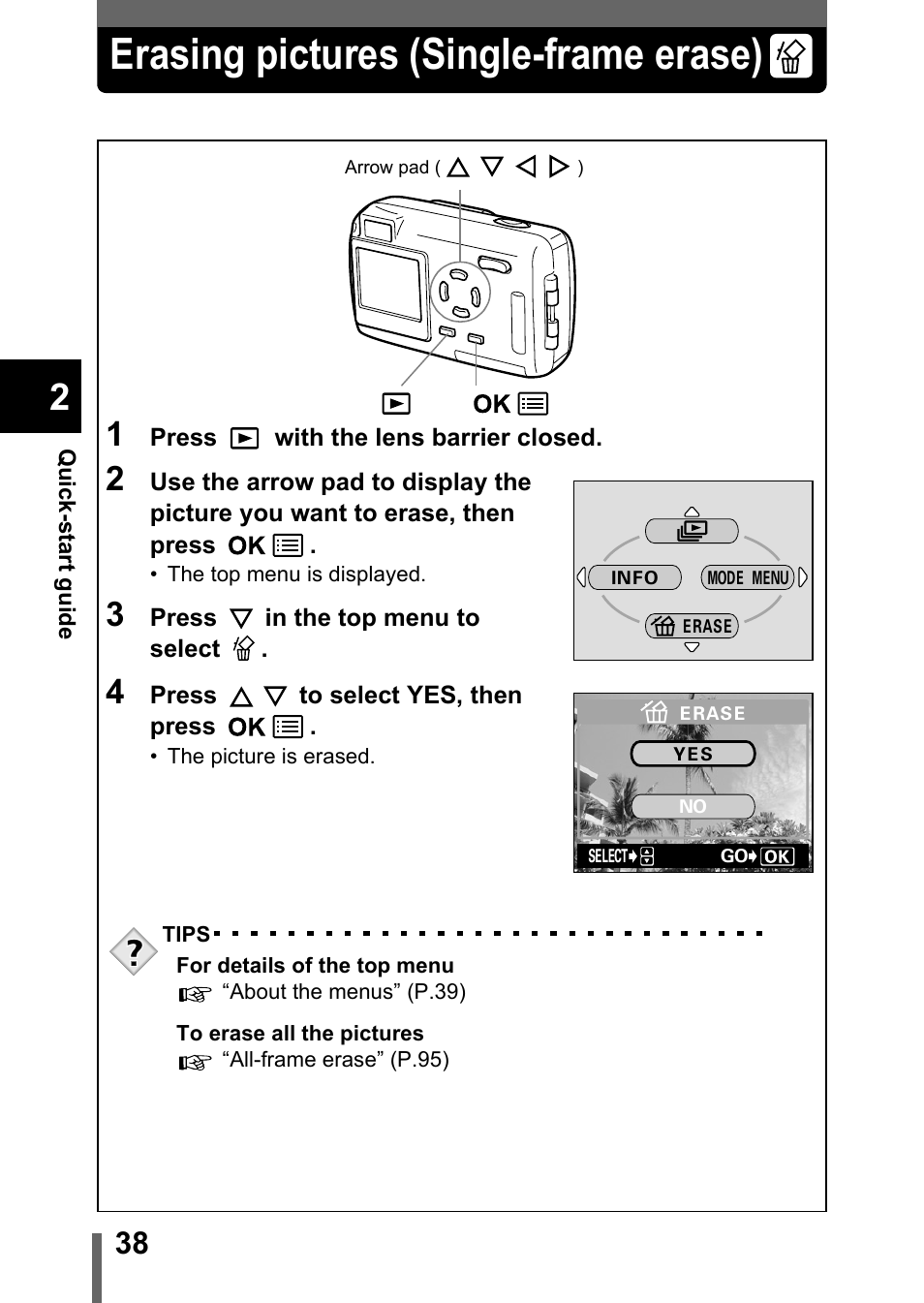 Erasing pictures (single-frame erase) | Olympus Stylus 400 Digital User Manual | Page 39 / 173