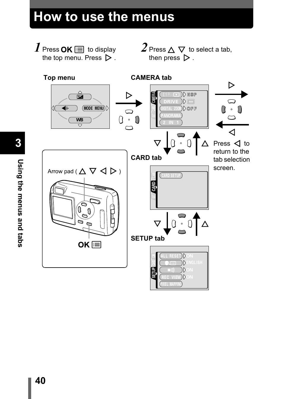 How to use the menus | Olympus Stylus 400 Digital User Manual | Page 41 / 173