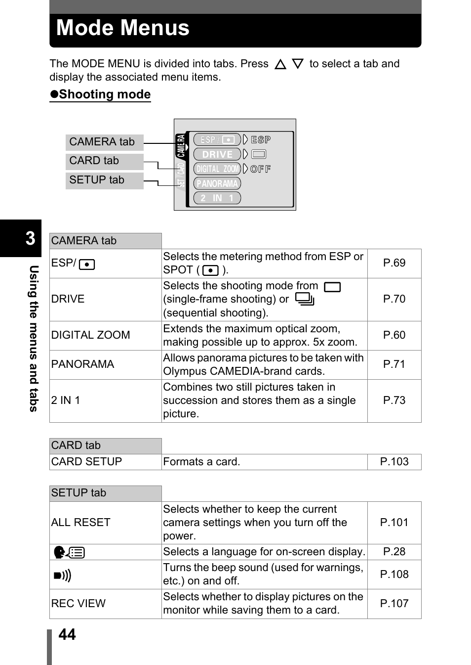 Mode menus | Olympus Stylus 400 Digital User Manual | Page 45 / 173