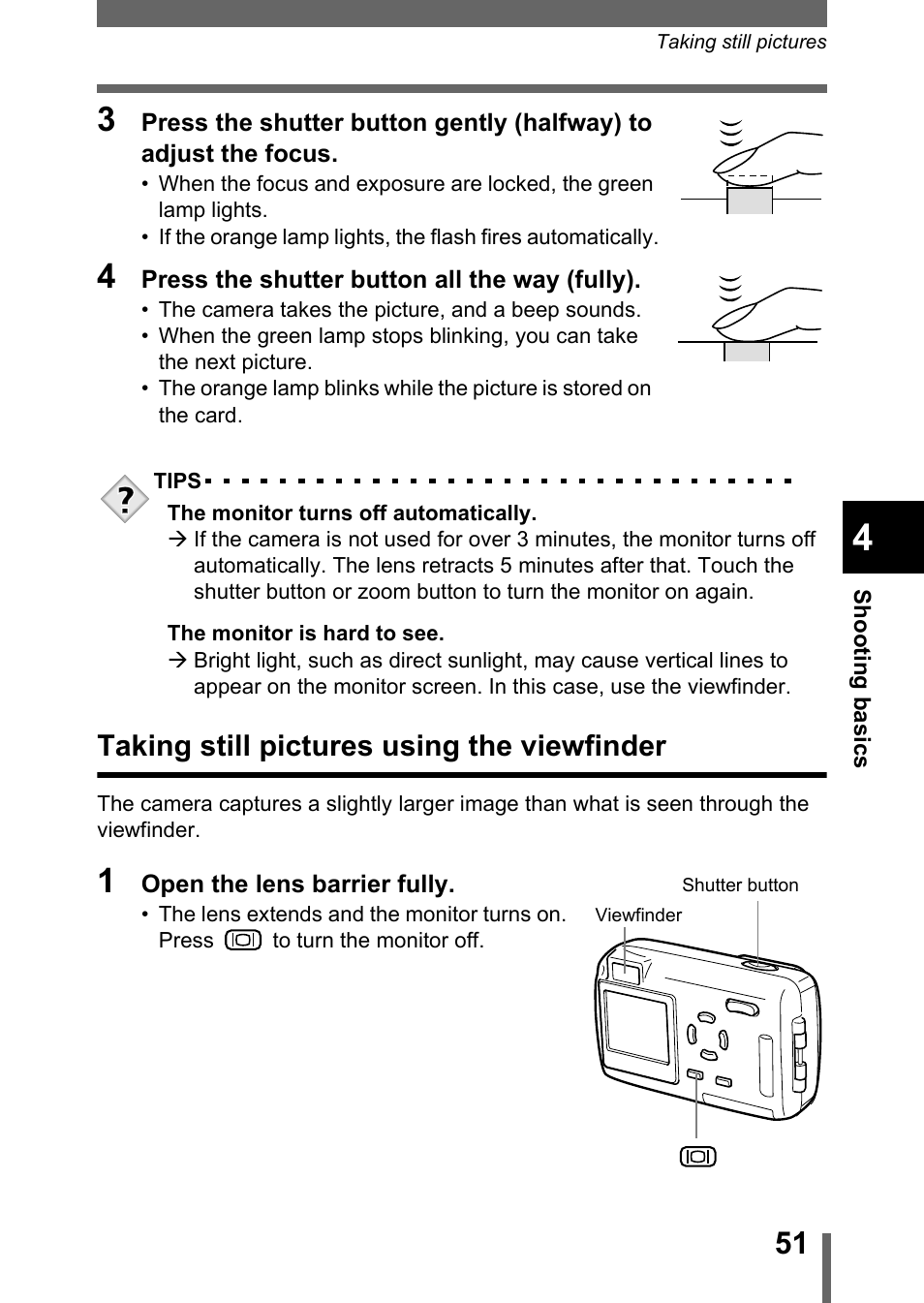 Taking still pictures using the viewfinder, Taking still pictures using the viewfinder” (p.51) | Olympus Stylus 400 Digital User Manual | Page 52 / 173