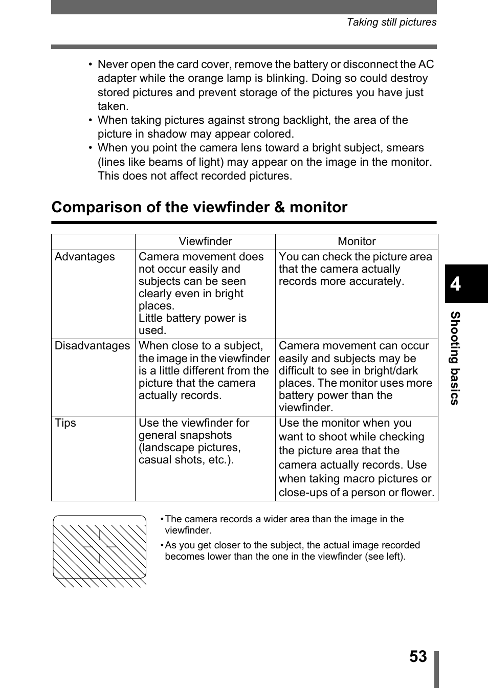 Comparison of the viewfinder & monitor | Olympus Stylus 400 Digital User Manual | Page 54 / 173