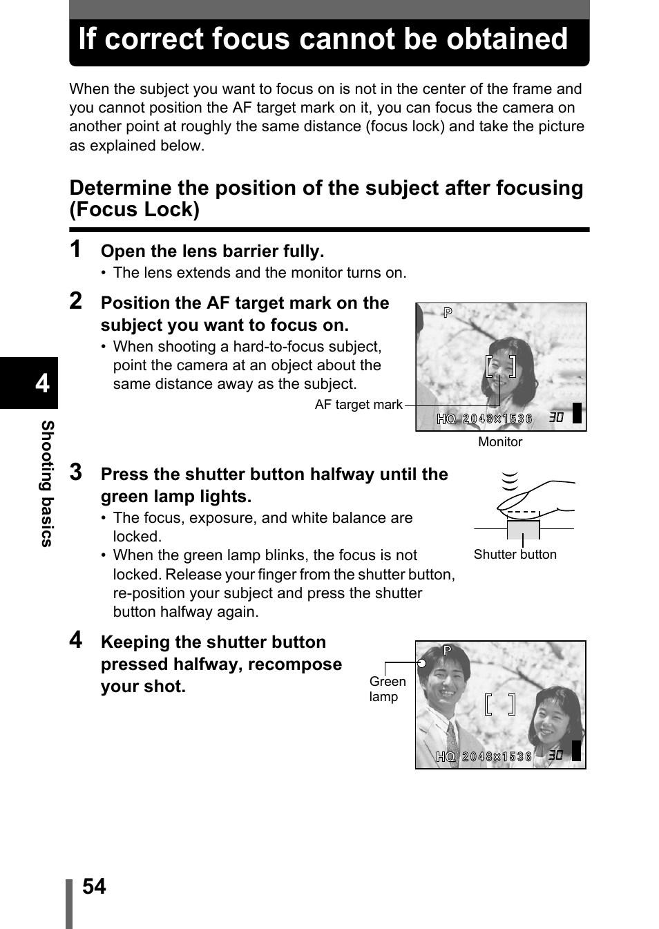 If correct focus cannot be obtained, Determine the position of the subject, After focusing (focus lock) | P.54, If correct focus cannot be obtained” (p.54), Rk(p.54 | Olympus Stylus 400 Digital User Manual | Page 55 / 173