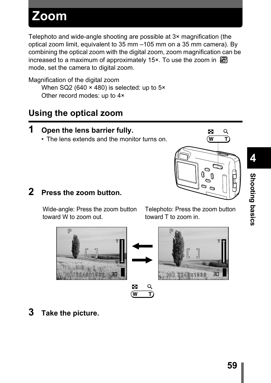 Zoom, Using the optical zoom, P.59 | Olympus Stylus 400 Digital User Manual | Page 60 / 173