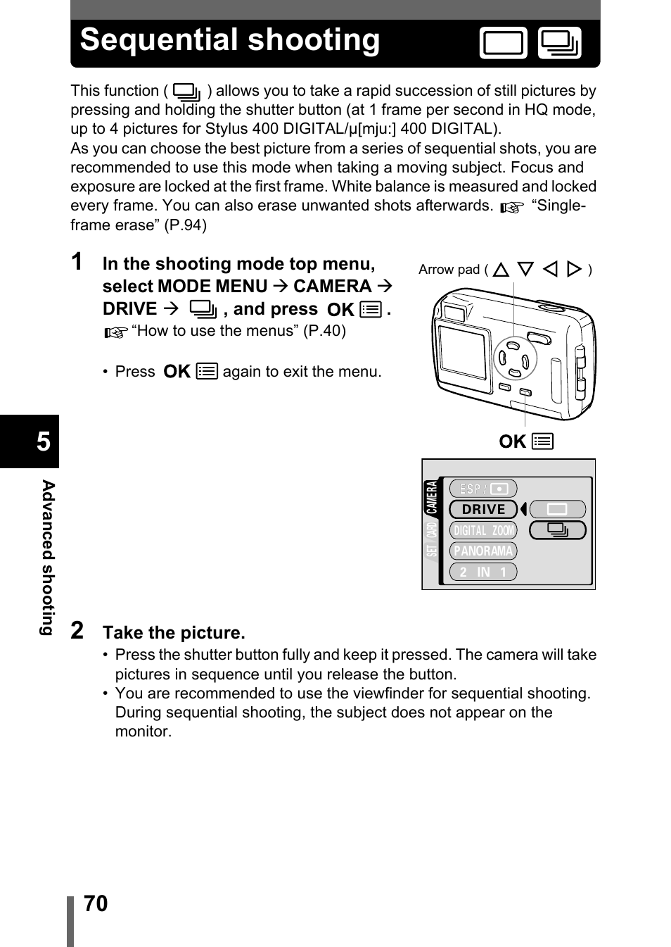 Sequential shooting, P.70 | Olympus Stylus 400 Digital User Manual | Page 71 / 173