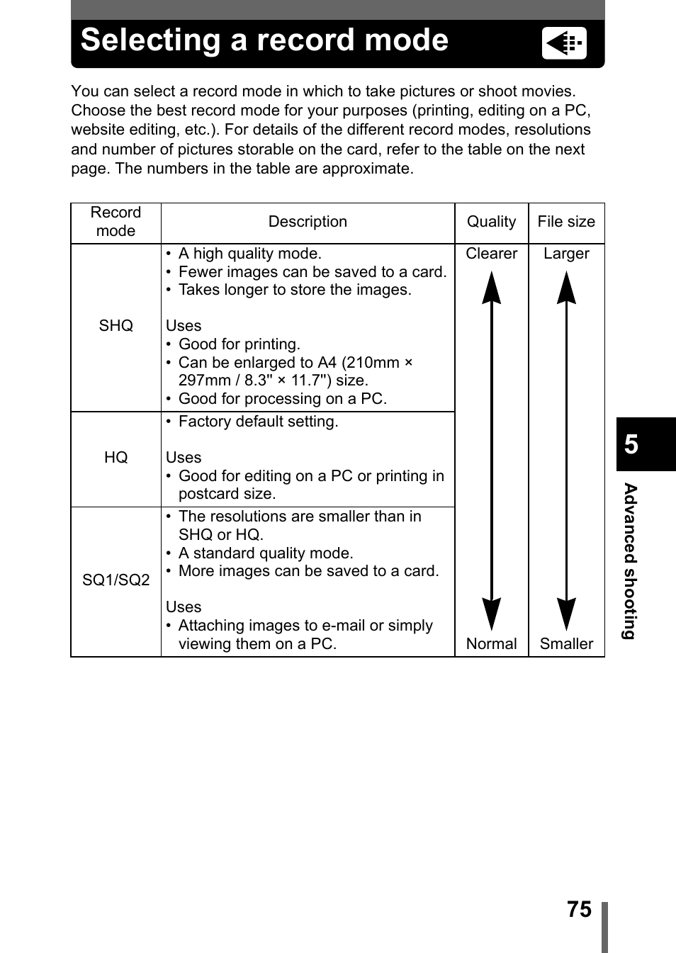 Selecting a record mode, P.75 | Olympus Stylus 400 Digital User Manual | Page 76 / 173