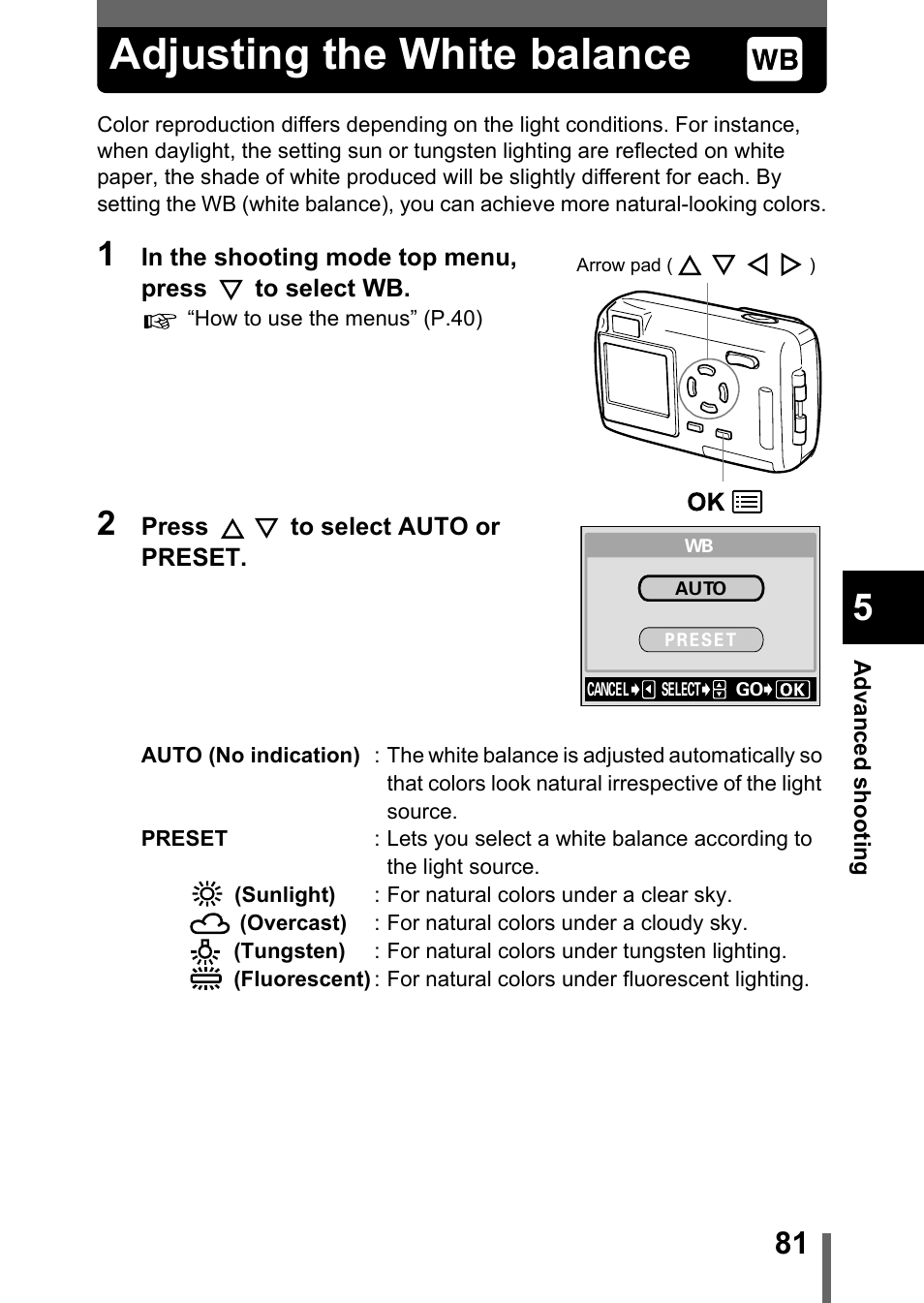 Adjusting the white balance, P.81 | Olympus Stylus 400 Digital User Manual | Page 82 / 173