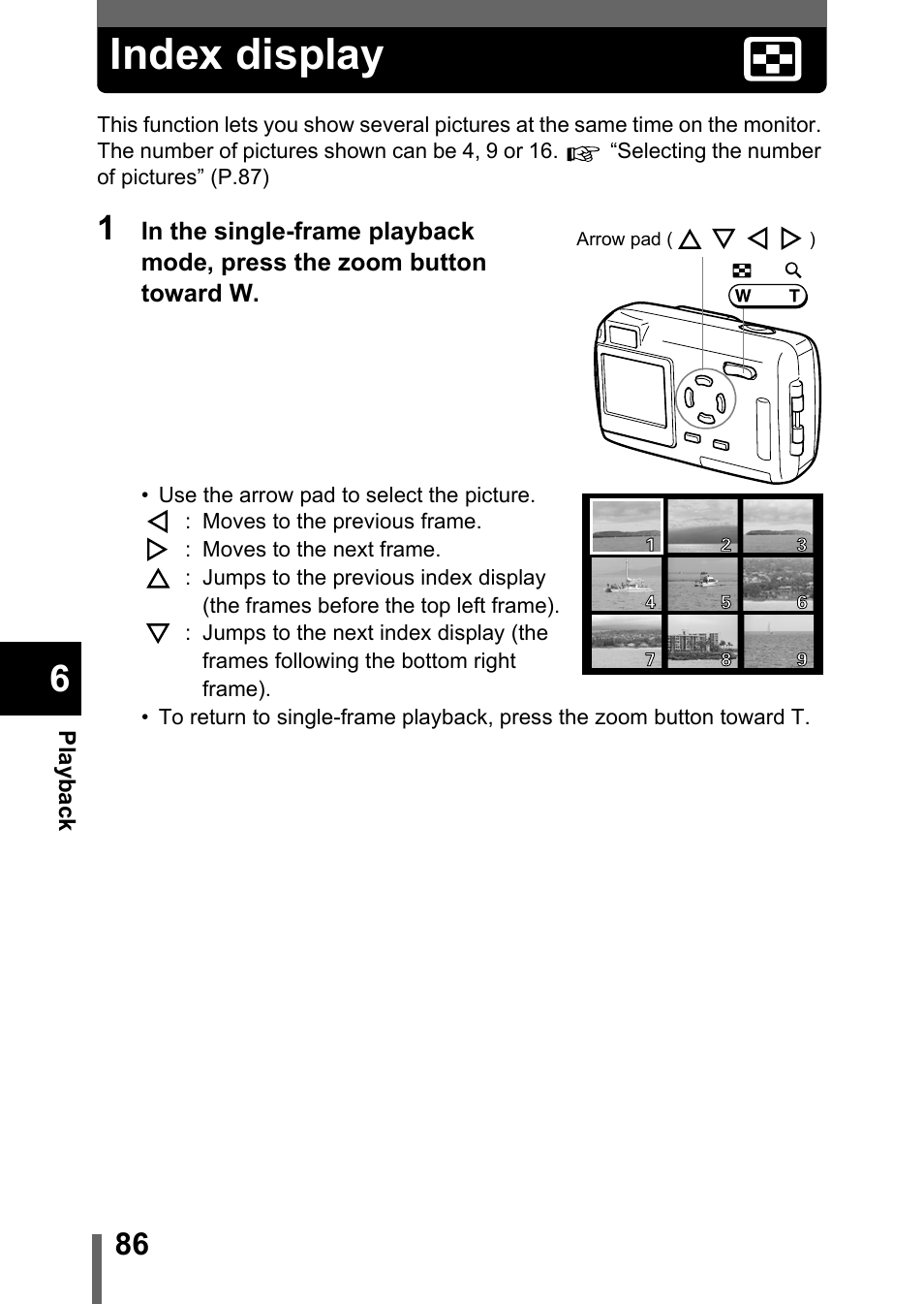 Index display, Index display” (p.86) | Olympus Stylus 400 Digital User Manual | Page 87 / 173